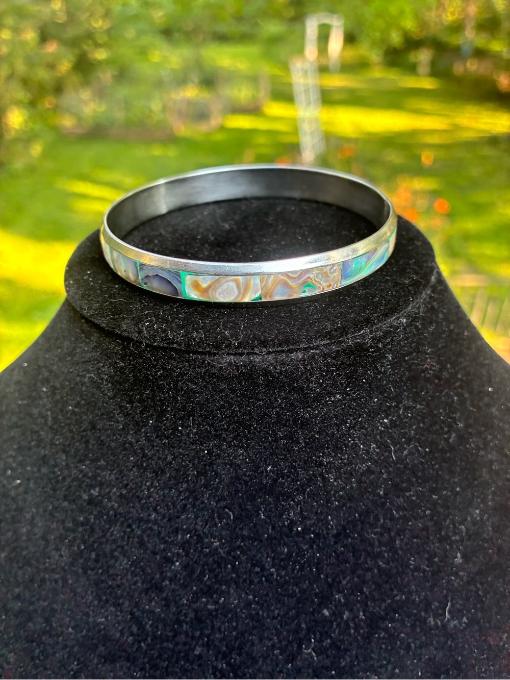 Alpaca Silver and Mother of Pearl Inlay Bangle Bracelet